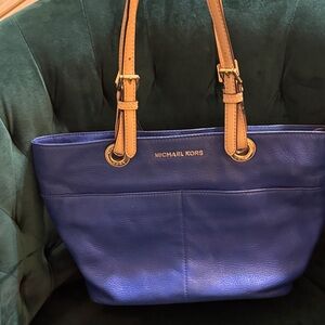 Authentic Michael Kors Blue Leather Tote with Tan Straps